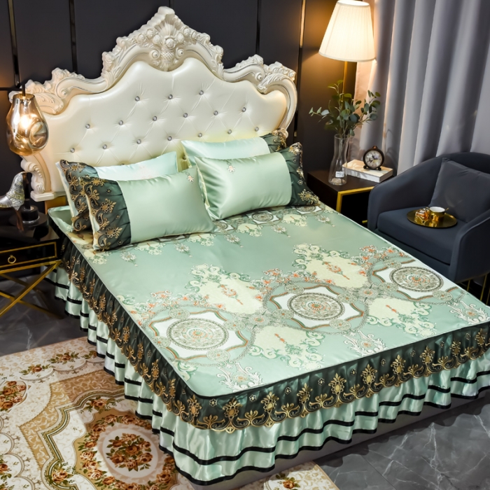 91家纺网 家纺一手货源 找家纺 ds生活馆 2021新款欧式床裙款凉席三件套 维纳斯绿