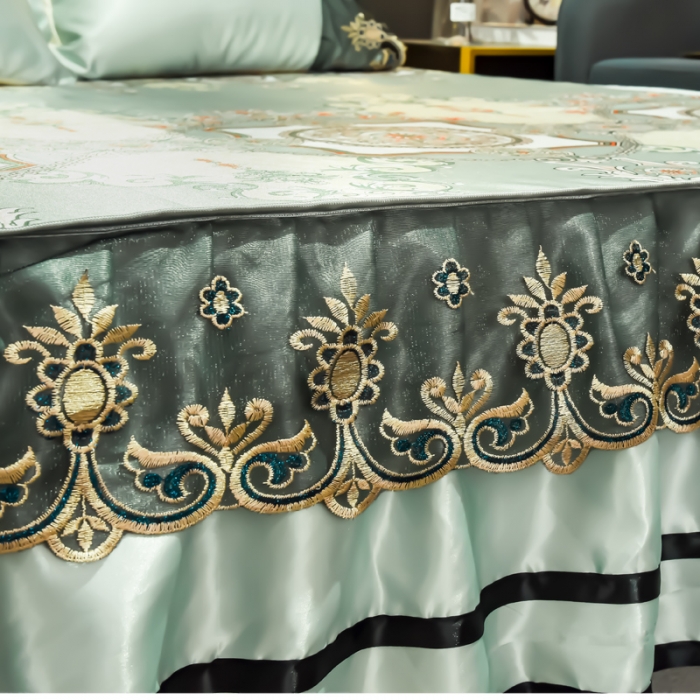 91家纺网 家纺一手货源 找家纺 ds生活馆 2021新款欧式床裙款凉席三件套 维纳斯绿