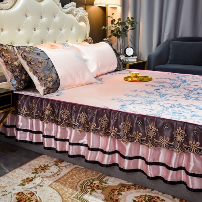 91家纺网 家纺一手货源 找家纺 ds生活馆 2021新款欧式床裙款凉席三件套 悉尼粉