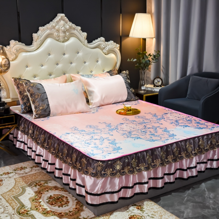 91家纺网 家纺一手货源 找家纺 ds生活馆 2021新款欧式床裙款凉席三件套 悉尼粉