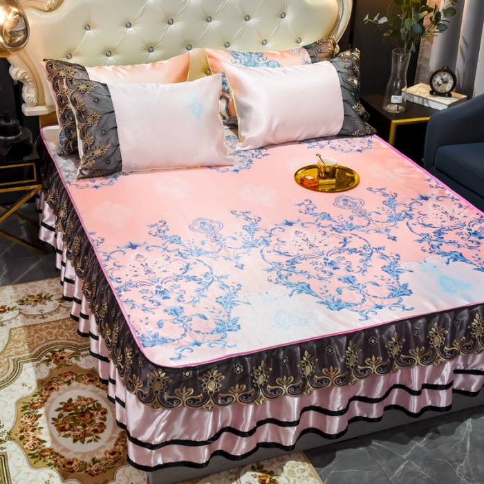 91家纺网 家纺一手货源 找家纺 ds生活馆 2021新款欧式床裙款凉席三件套 悉尼粉