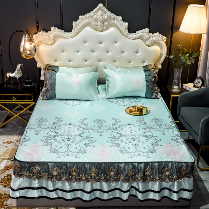 91家纺网 家纺一手货源 找家纺 ds生活馆 2021新款欧式床裙款凉席三件套 悉尼蓝