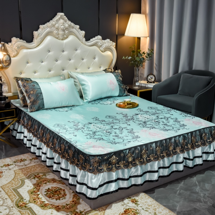 91家纺网 家纺一手货源 找家纺 ds生活馆 2021新款欧式床裙款凉席三件套 悉尼蓝