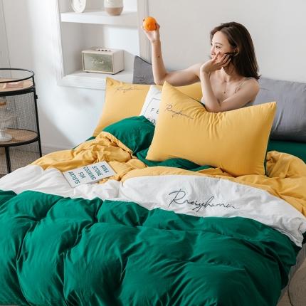 91家纺网 家纺一手货源 找家纺 索飞特 2021春夏新款水洗棉四件套三色系列 墨绿