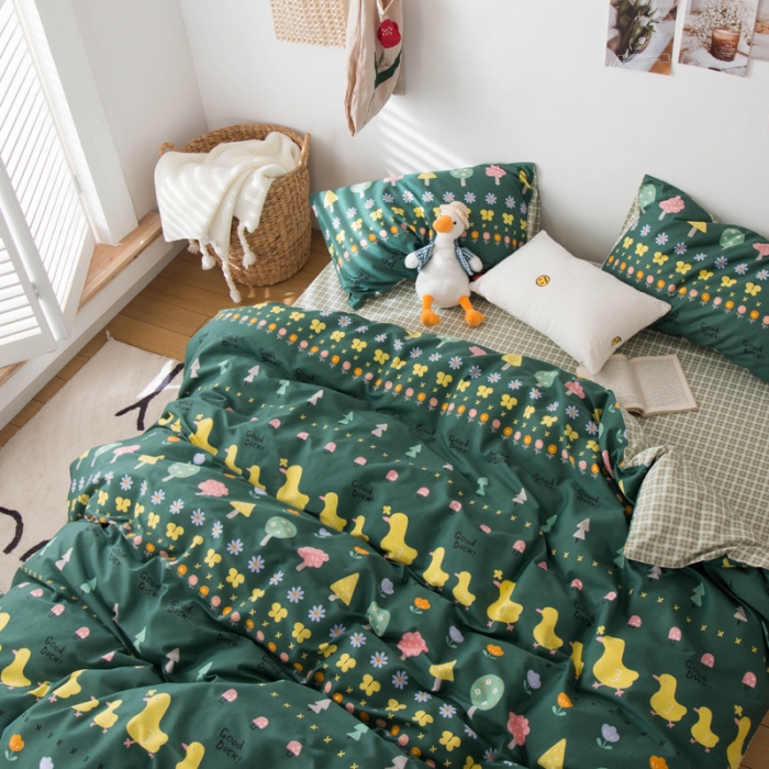 91家纺网 家纺一手货源 找家纺 窝米 2020春夏新品13370全棉四件套萌宠风系列 花开少年-绿