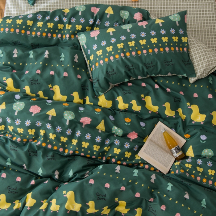 91家纺网 家纺一手货源 找家纺 窝米 2020春夏新品13370全棉四件套萌宠风系列 花开少年-绿