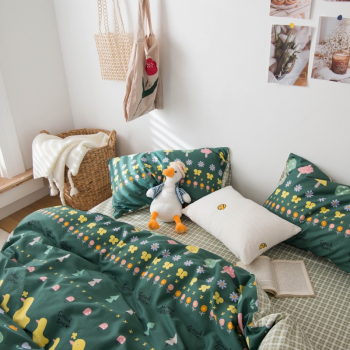 91家纺网 家纺一手货源 找家纺 窝米 2020春夏新品13370全棉四件套萌宠风系列 花开少年-绿