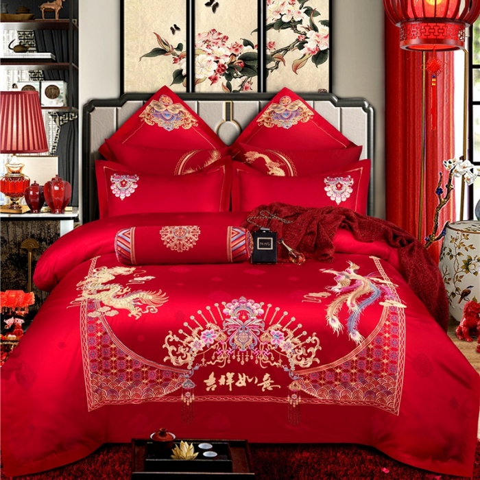 91家纺网 家纺一手货源 找家纺 2025新款120S全棉刺绣贡缎提花婚庆四件套多件套吉祥如意