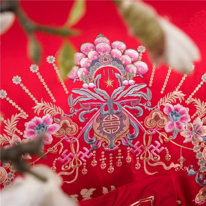 91家纺网 家纺一手货源 找家纺 2025新款120S全棉刺绣贡缎提花婚庆四件套多件套吉祥如意