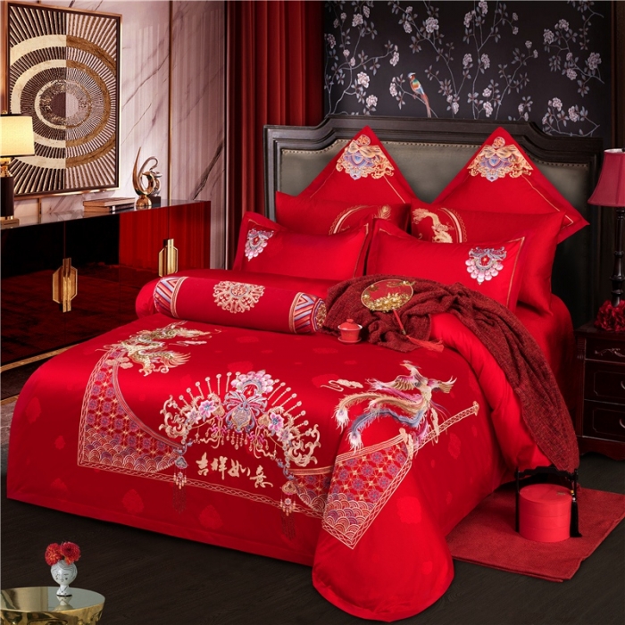 91家纺网 家纺一手货源 找家纺 2025新款120S全棉刺绣贡缎提花婚庆四件套多件套吉祥如意