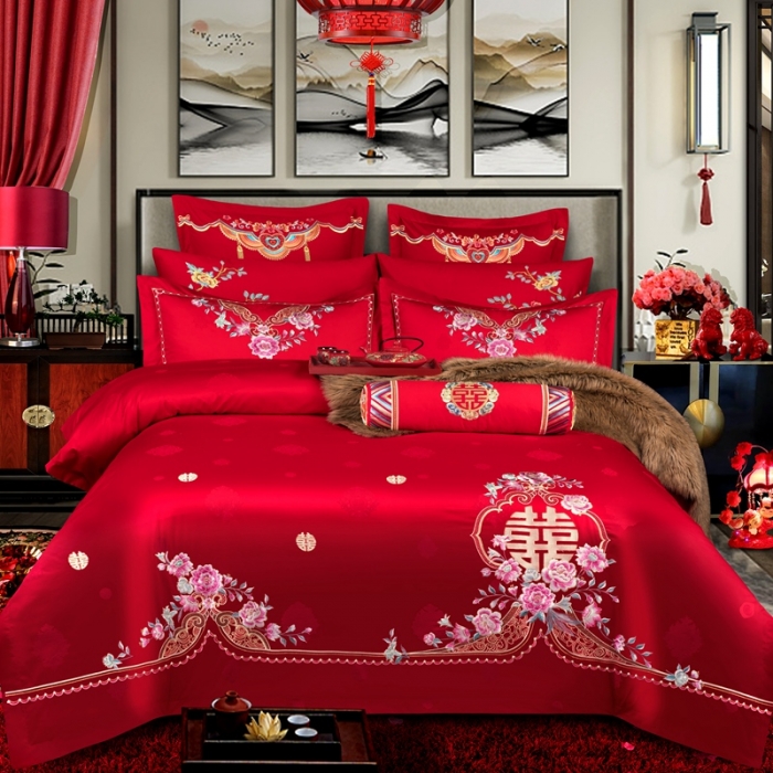 91家纺网 家纺一手货源 找家纺 2025新款120S全棉刺绣贡缎提花婚庆四件套多件套佳偶天成