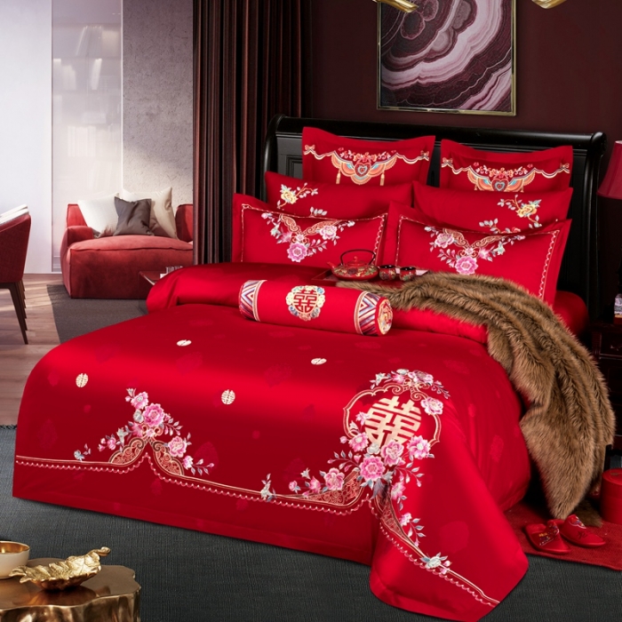 91家纺网 家纺一手货源 找家纺 2025新款120S全棉刺绣贡缎提花婚庆四件套多件套佳偶天成