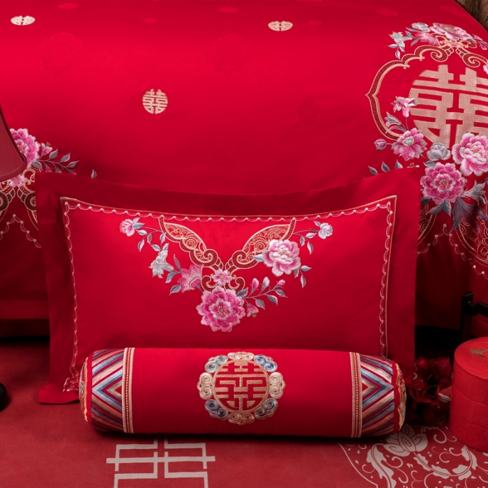 91家纺网 家纺一手货源 找家纺 2025新款120S全棉刺绣贡缎提花婚庆四件套多件套佳偶天成