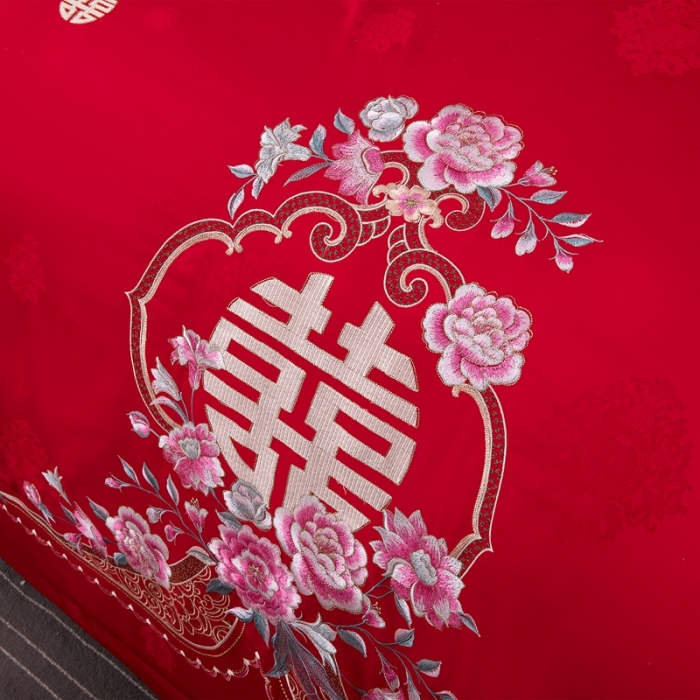 91家纺网 家纺一手货源 找家纺 2025新款120S全棉刺绣贡缎提花婚庆四件套多件套佳偶天成