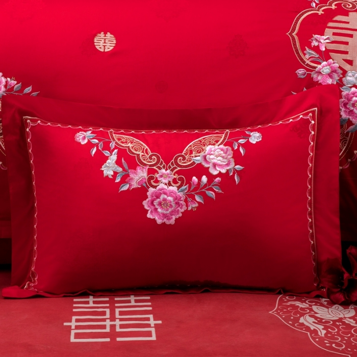 91家纺网 家纺一手货源 找家纺 2025新款120S全棉刺绣贡缎提花婚庆四件套多件套佳偶天成