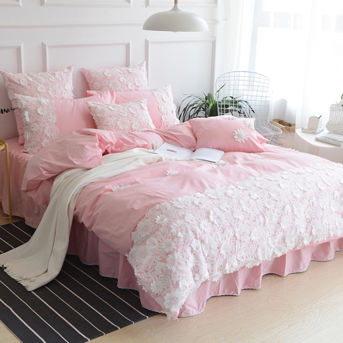 91家纺网 家纺一手货源 找家纺 花香四季 2023新款全棉梦露系列四件套床笠款 粉色