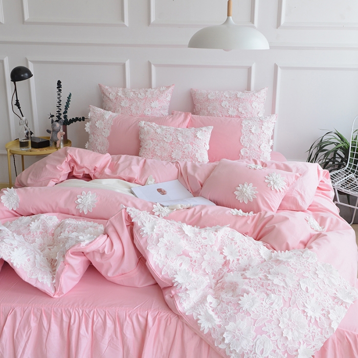 91家纺网 家纺一手货源 找家纺 花香四季 2023新款全棉梦露系列四件套床笠款 粉色