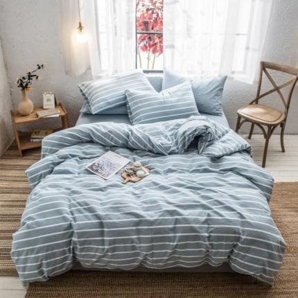 91家纺网 家纺一手货源 找家纺 佳梦达 2020新款全色织全棉水洗双拼四件套 浅蓝白条