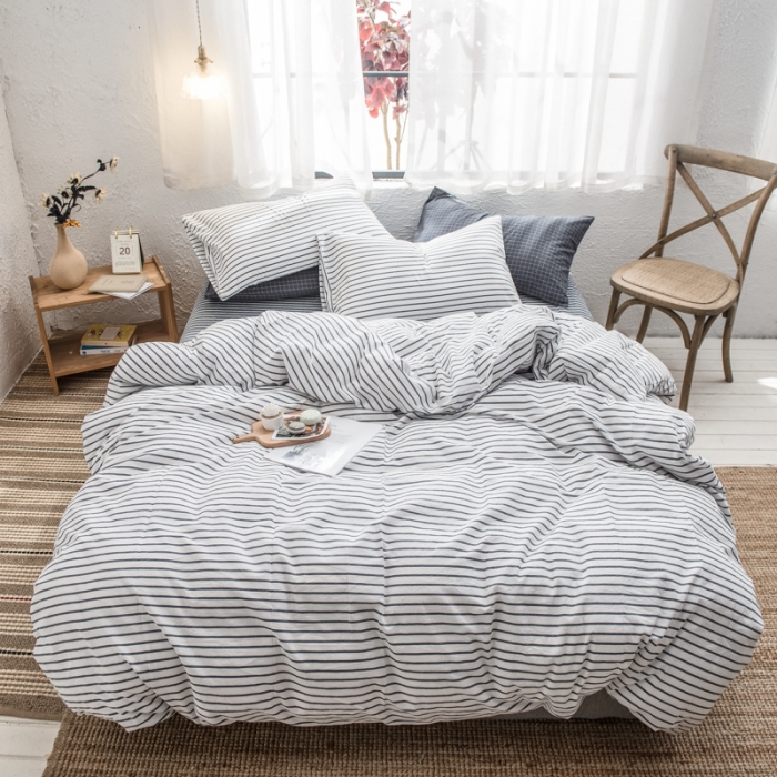 91家纺网 家纺一手货源 找家纺 佳梦达 2020新款全色织全棉水洗双拼四件套 白灰条