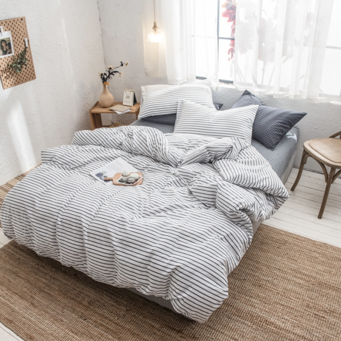 91家纺网 家纺一手货源 找家纺 佳梦达 2020新款全色织全棉水洗双拼四件套 白灰条