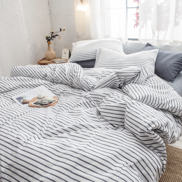 91家纺网 家纺一手货源 找家纺 佳梦达 2020新款全色织全棉水洗双拼四件套 白灰条