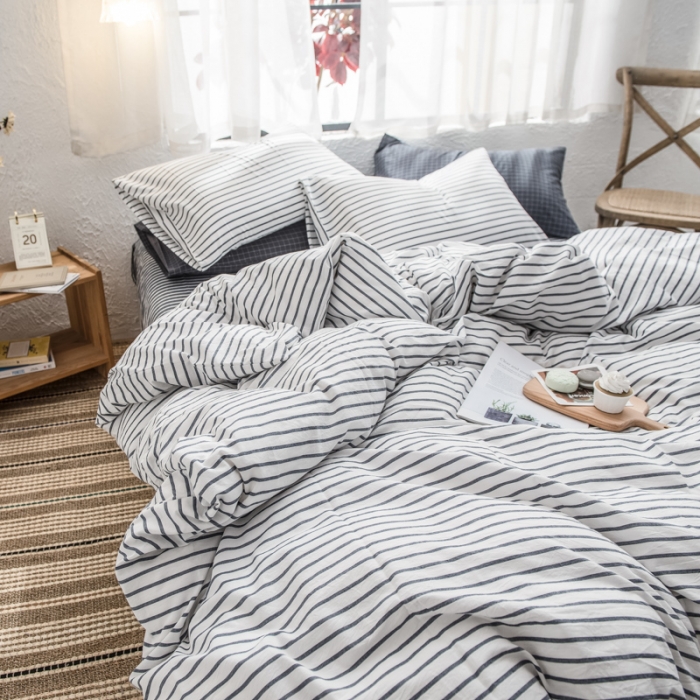 91家纺网 家纺一手货源 找家纺 佳梦达 2020新款全色织全棉水洗双拼四件套 白灰条