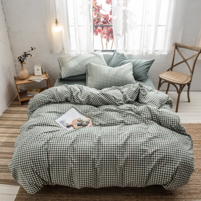 91家纺网 家纺一手货源 找家纺 佳梦达 2020新款全色织全棉水洗双拼四件套 绿小格