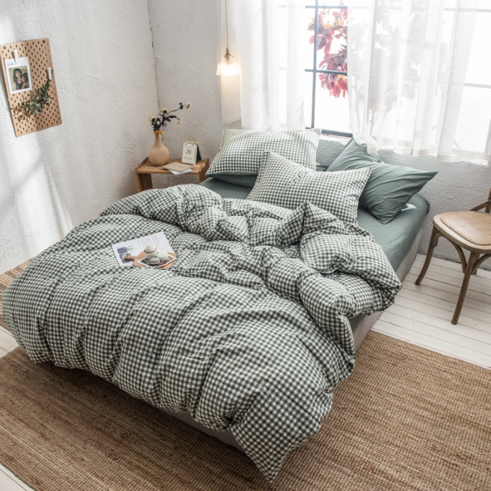 91家纺网 家纺一手货源 找家纺 佳梦达 2020新款全色织全棉水洗双拼四件套 绿小格