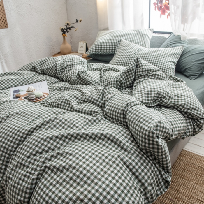 91家纺网 家纺一手货源 找家纺 佳梦达 2020新款全色织全棉水洗双拼四件套 绿小格