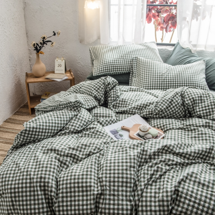 91家纺网 家纺一手货源 找家纺 佳梦达 2020新款全色织全棉水洗双拼四件套 绿小格