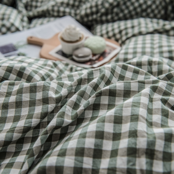 91家纺网 家纺一手货源 找家纺 佳梦达 2020新款全色织全棉水洗双拼四件套 绿小格