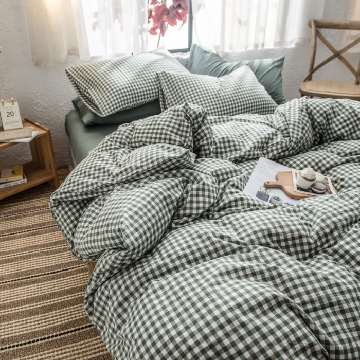 91家纺网 家纺一手货源 找家纺 佳梦达 2020新款全色织全棉水洗双拼四件套 绿小格