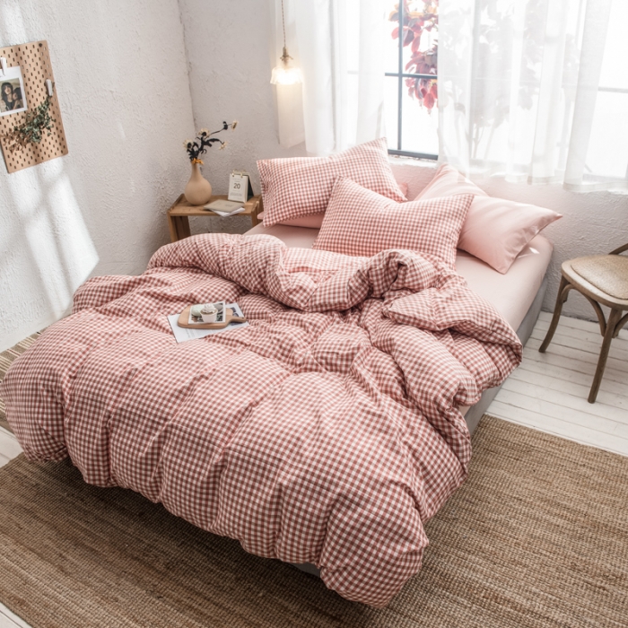 91家纺网 家纺一手货源 找家纺 佳梦达 2020新款全色织全棉水洗双拼四件套 橙红小格