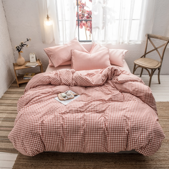 91家纺网 家纺一手货源 找家纺 佳梦达 2020新款全色织全棉水洗双拼四件套 橙红小格