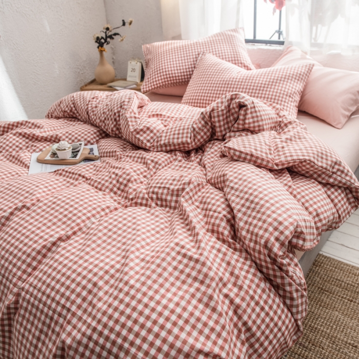 91家纺网 家纺一手货源 找家纺 佳梦达 2020新款全色织全棉水洗双拼四件套 橙红小格