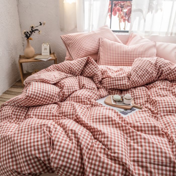 91家纺网 家纺一手货源 找家纺 佳梦达 2020新款全色织全棉水洗双拼四件套 橙红小格