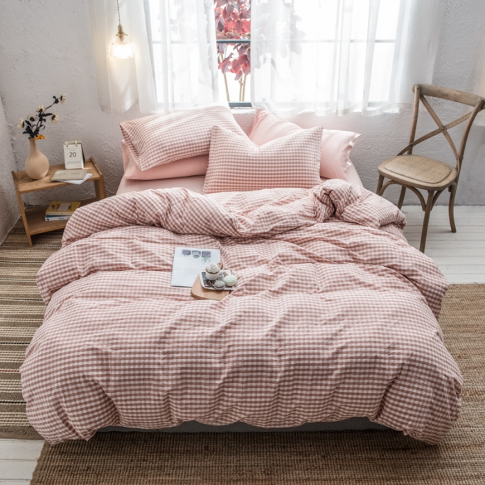 91家纺网 家纺一手货源 找家纺 佳梦达 2020新款全色织全棉水洗双拼四件套 蜜粉小格