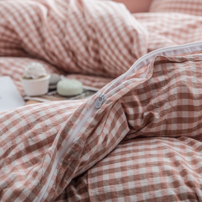 91家纺网 家纺一手货源 找家纺 佳梦达 2020新款全色织全棉水洗双拼四件套 蜜粉小格