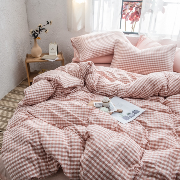 91家纺网 家纺一手货源 找家纺 佳梦达 2020新款全色织全棉水洗双拼四件套 蜜粉小格