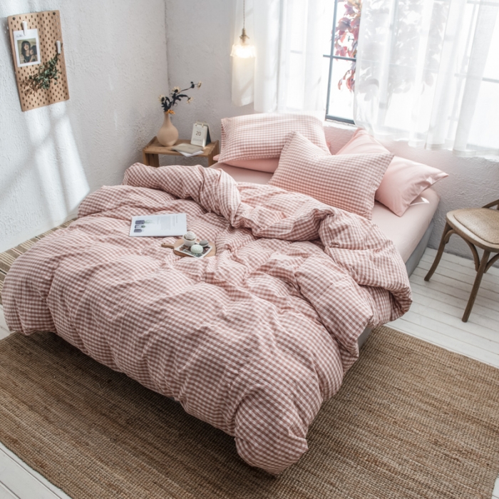 91家纺网 家纺一手货源 找家纺 佳梦达 2020新款全色织全棉水洗双拼四件套 蜜粉小格