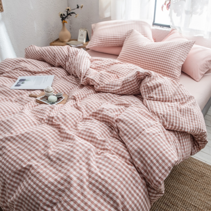 91家纺网 家纺一手货源 找家纺 佳梦达 2020新款全色织全棉水洗双拼四件套 蜜粉小格