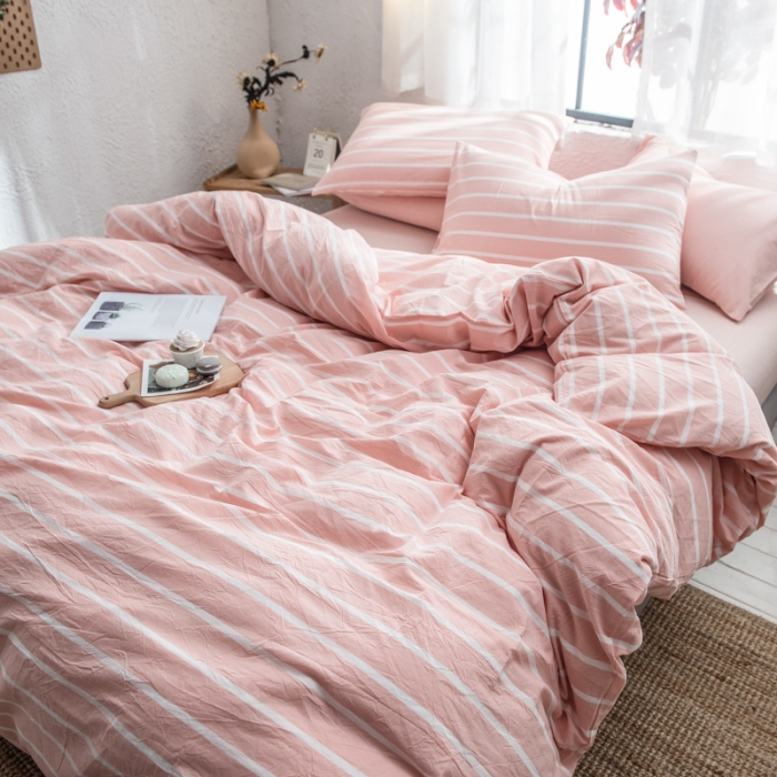 91家纺网 家纺一手货源 找家纺 佳梦达 2020新款全色织全棉水洗双拼四件套 浅粉白条