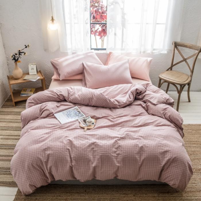 91家纺网 家纺一手货源 找家纺 佳梦达 2020新款全色织全棉水洗双拼四件套 粉中格