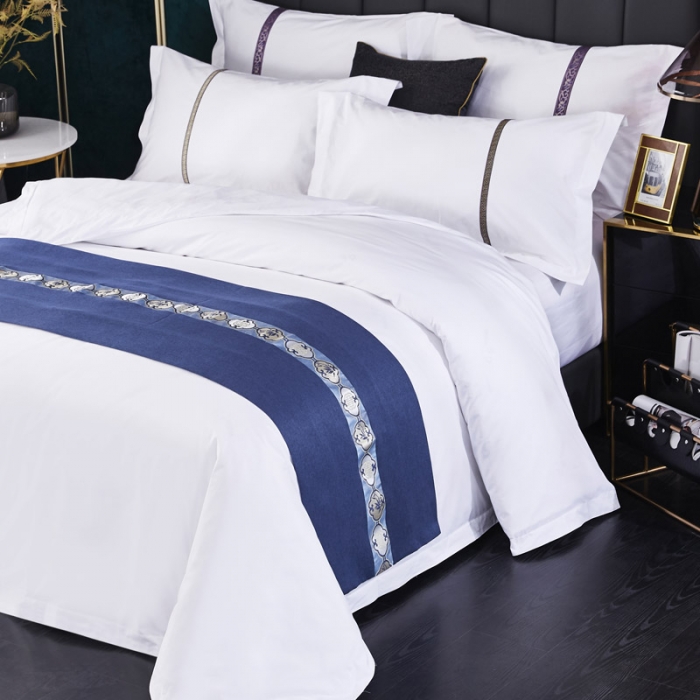 91家纺网 家纺一手货源 找家纺 罗菲尼宾馆酒店用品 2025新款酒店床旗 深蓝