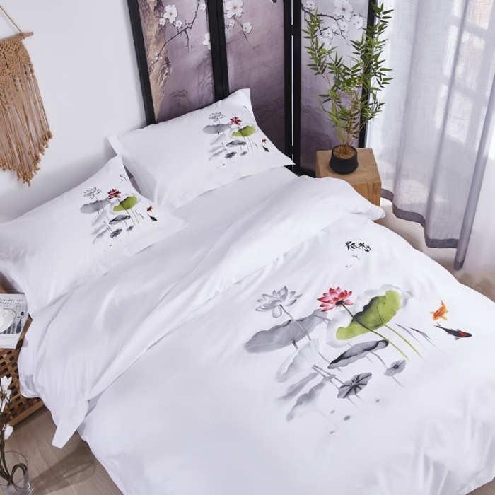 91家纺网 家纺一手货源 找家纺 罗菲尼酒店用品 新款酒店民宿60s贡缎喷气印花款 荷香