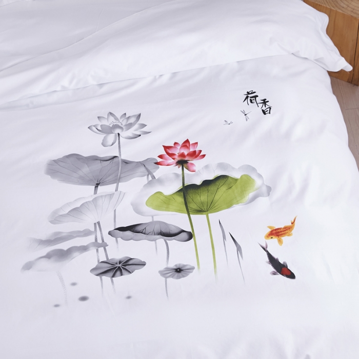 91家纺网 家纺一手货源 找家纺 罗菲尼酒店用品 新款酒店民宿60s贡缎喷气印花款 荷香