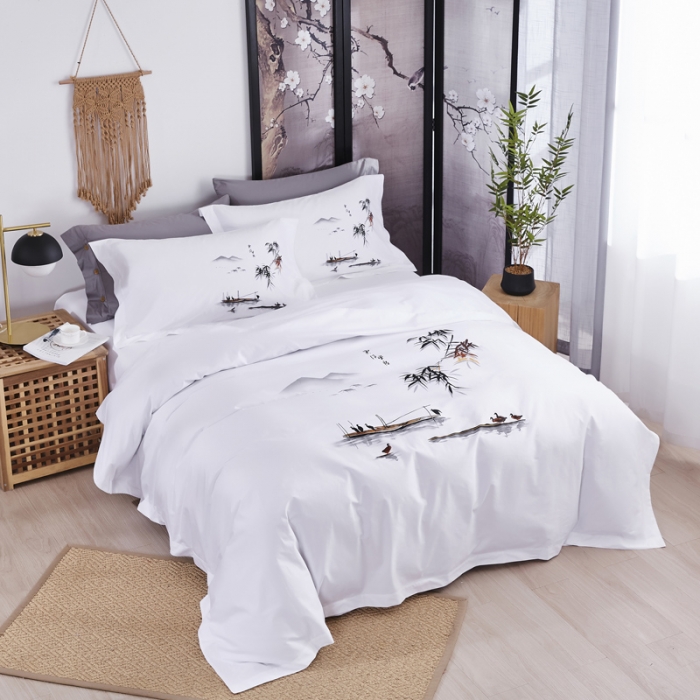 91家纺网 家纺一手货源 找家纺 宾馆 酒店民宿四件套 套件全棉60s贡缎喷气印花款 水乡