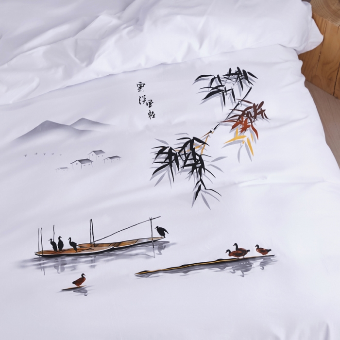 91家纺网 家纺一手货源 找家纺 宾馆 酒店民宿四件套 套件全棉60s贡缎喷气印花款 水乡