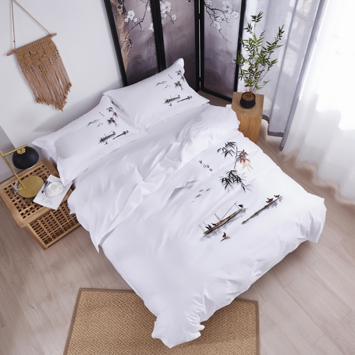 91家纺网 家纺一手货源 找家纺 宾馆 酒店民宿四件套 套件全棉60s贡缎喷气印花款 水乡