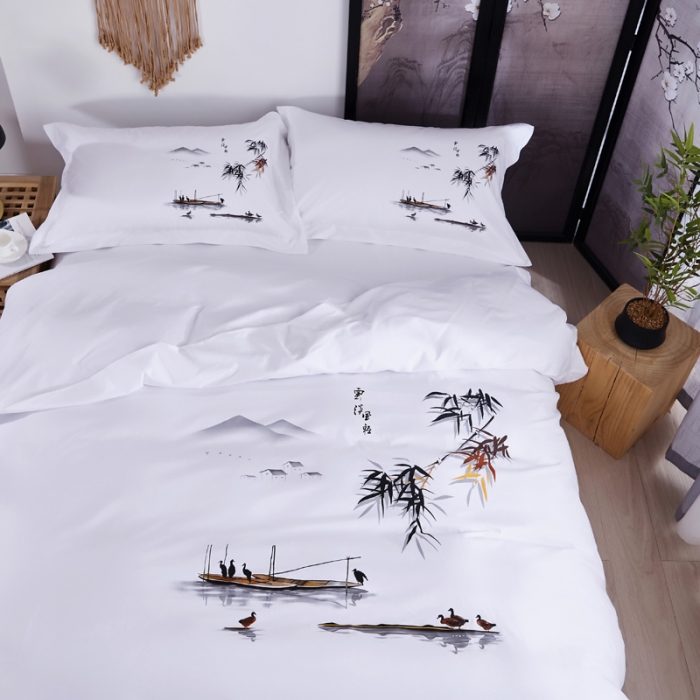 91家纺网 家纺一手货源 找家纺 宾馆 酒店民宿四件套 套件全棉60s贡缎喷气印花款 水乡